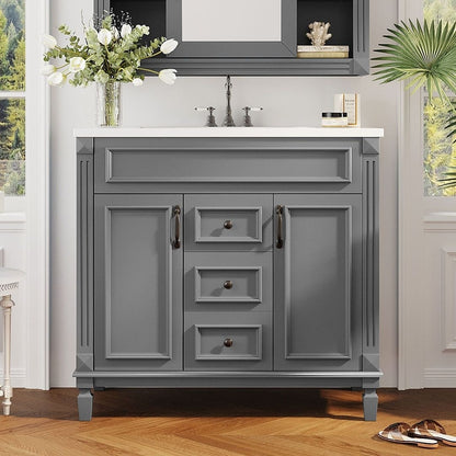 Meuble-lavabo moderne de 91 cm (36 pouces) pour salle de bain avec lavabo intégré et armoire à miroir, 2 portes et 2 tiroirs.