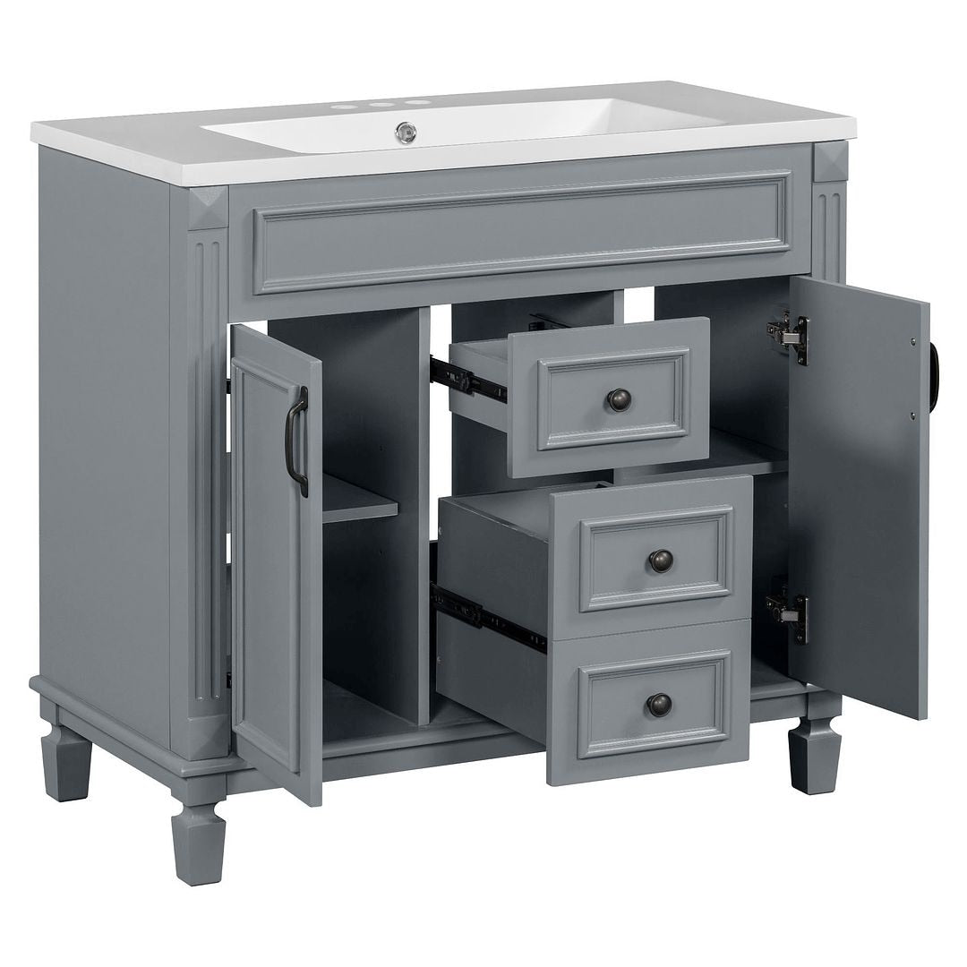 Meuble-lavabo moderne de 91 cm (36 pouces) pour salle de bain avec lavabo intégré et armoire à miroir, 2 portes et 2 tiroirs.