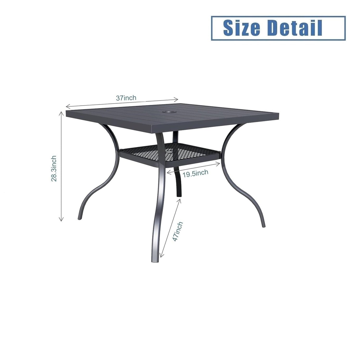 Table rectangulaire de salle à manger en métal à lattes pour extérieur, avec trou pour parasol, 60 x 37 pouces, pour 6 personnes.
