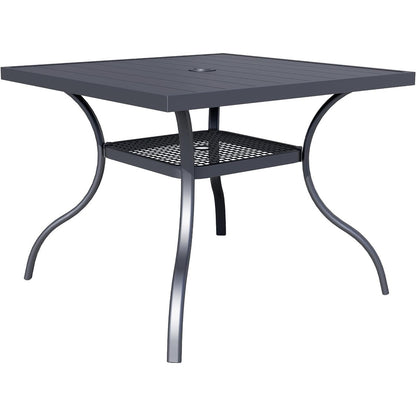 Table rectangulaire de salle à manger en métal à lattes pour extérieur, avec trou pour parasol, 60 x 37 pouces, pour 6 personnes.