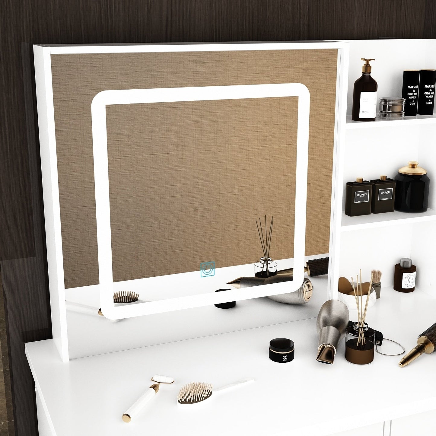 Ensemble coiffeuse et miroir de maquillage de 99,5 cm de large avec tabouret et miroir pour chambre à coucher