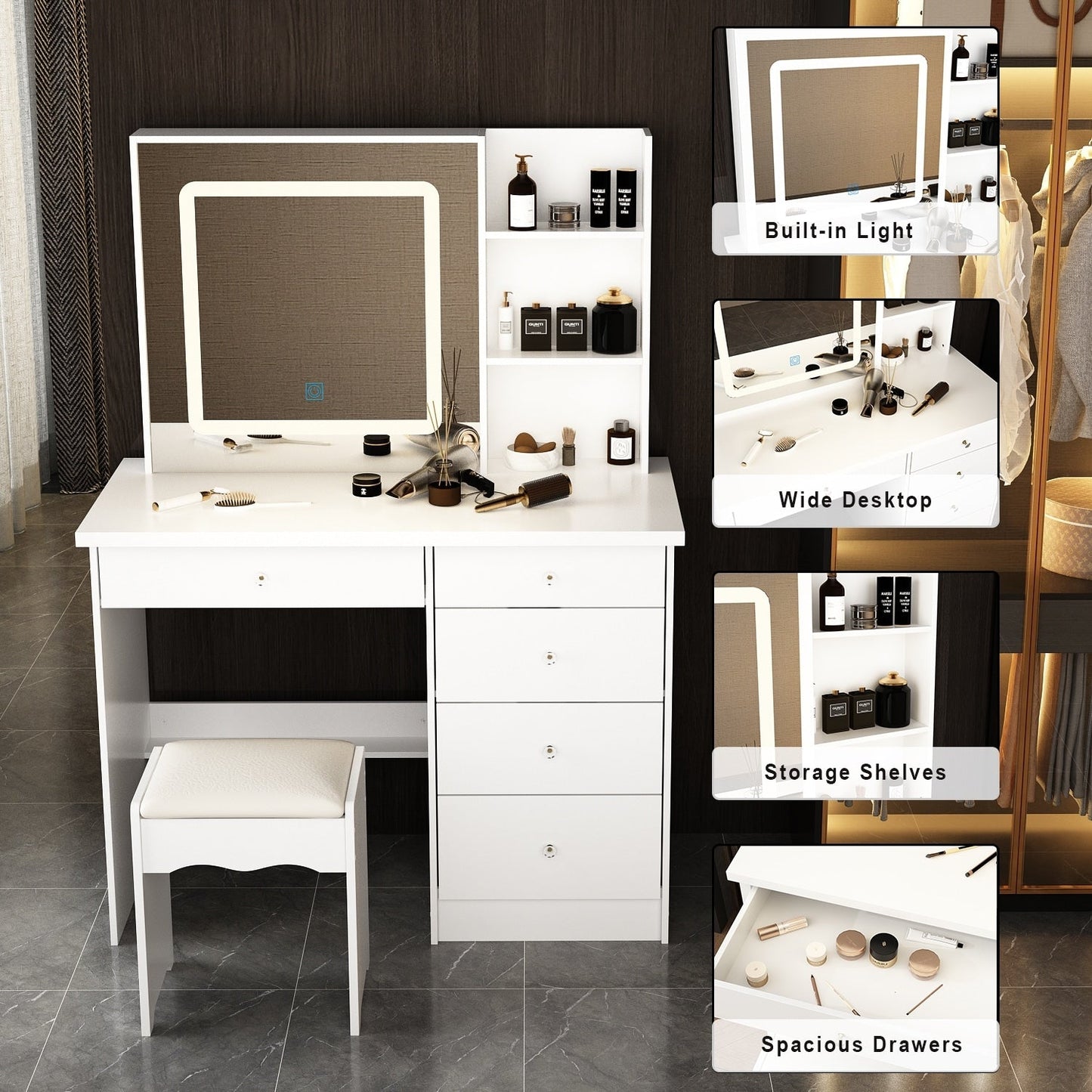 Ensemble coiffeuse et miroir de maquillage de 99,5 cm de large avec tabouret et miroir pour chambre à coucher