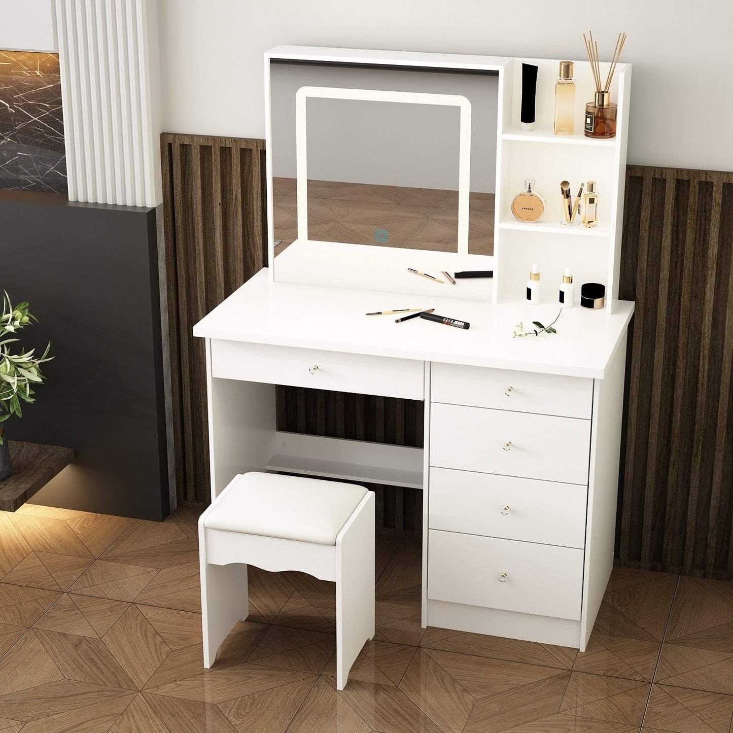 Ensemble coiffeuse et miroir de maquillage de 99,5 cm de large avec tabouret et miroir pour chambre à coucher