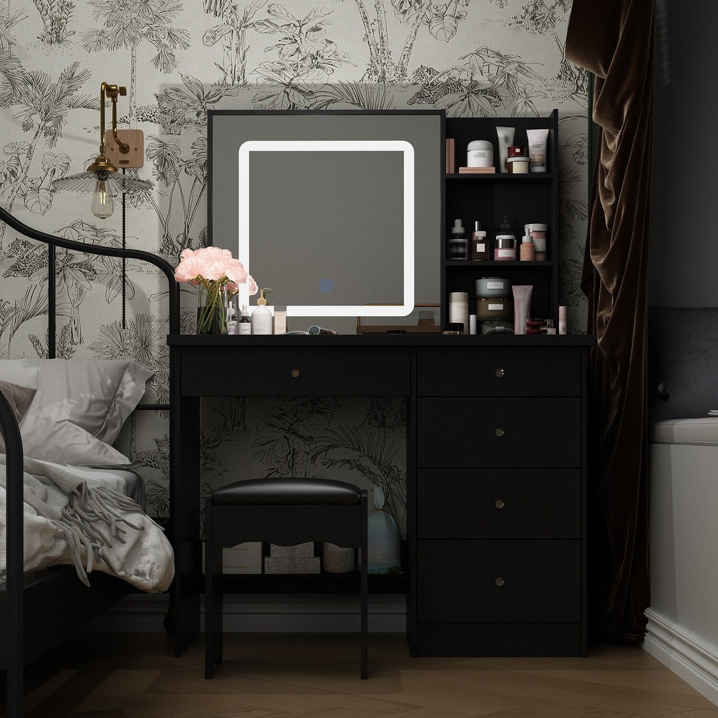 Ensemble coiffeuse et miroir de maquillage de 99,5 cm de large avec tabouret et miroir pour chambre à coucher