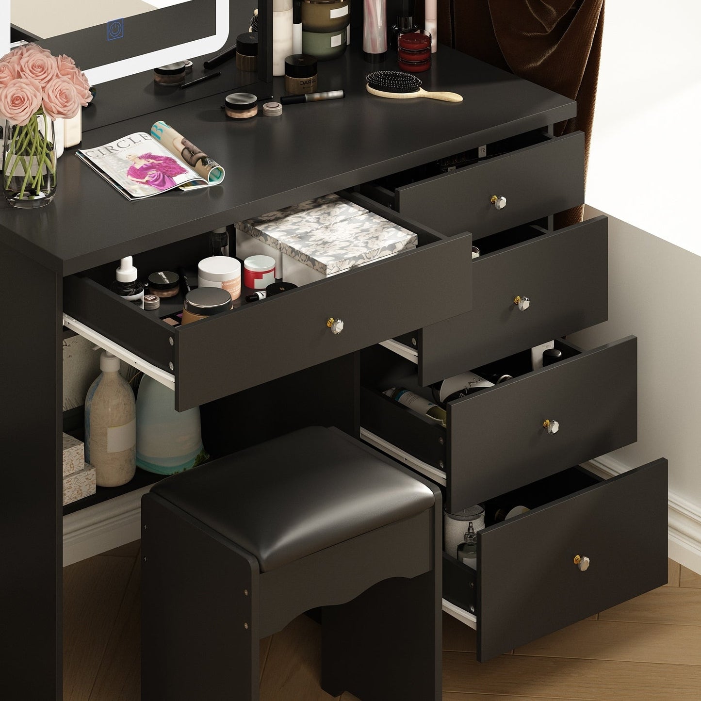 Ensemble coiffeuse et miroir de maquillage de 99,5 cm de large avec tabouret et miroir pour chambre à coucher
