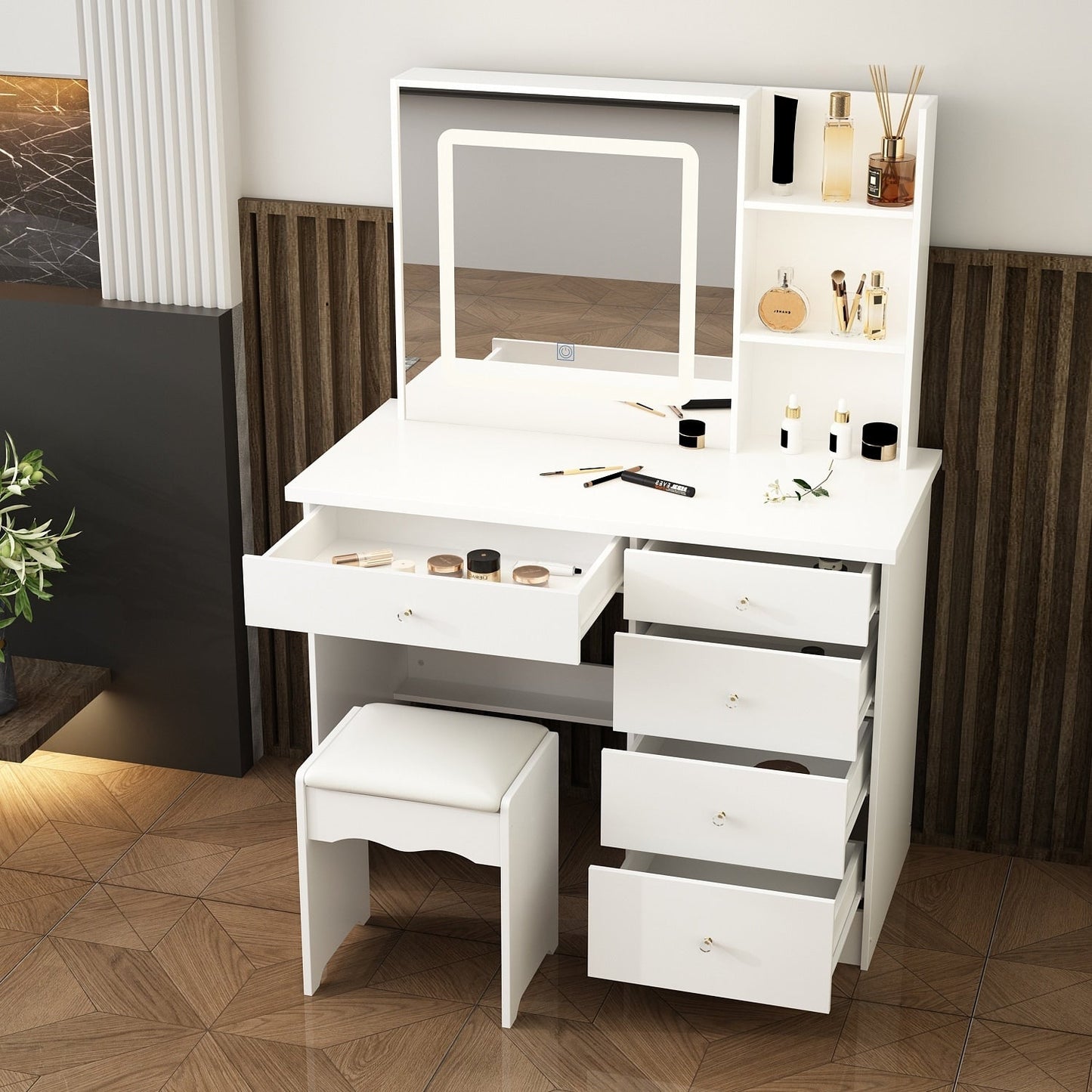 Ensemble coiffeuse et miroir de maquillage de 99,5 cm de large avec tabouret et miroir pour chambre à coucher