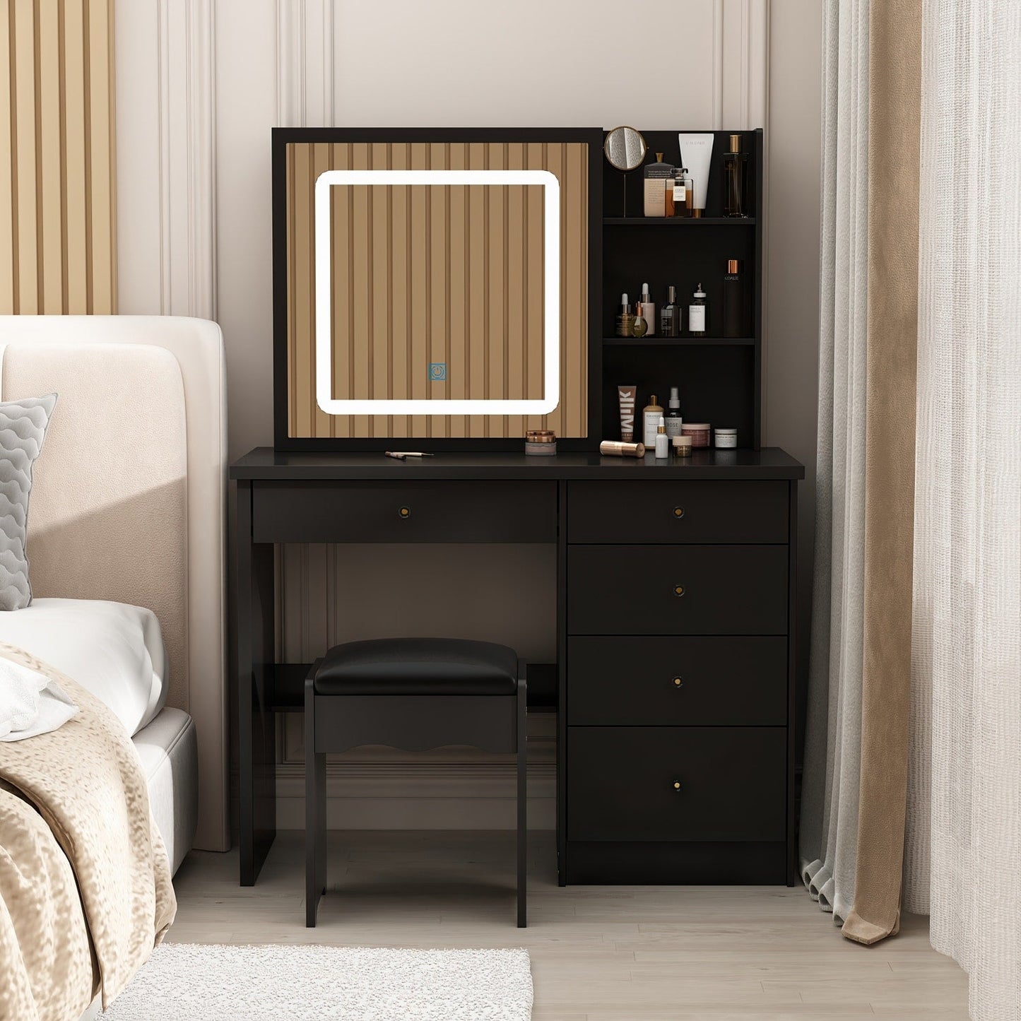 Ensemble de coiffeuse de maquillage de 99,5 cm de large avec tabouret et miroir