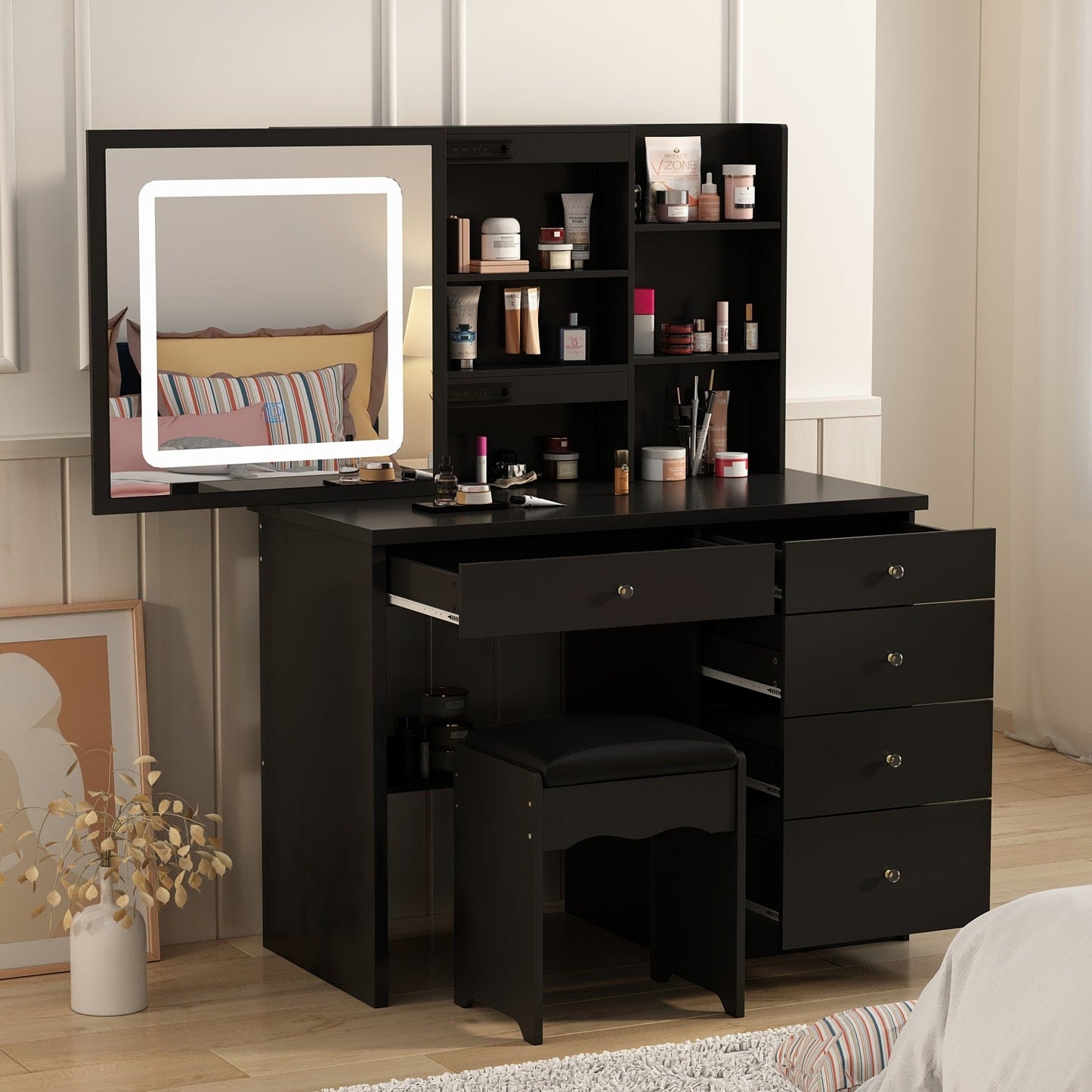 Ensemble de coiffeuse de maquillage de 99,5 cm de large avec tabouret et miroir