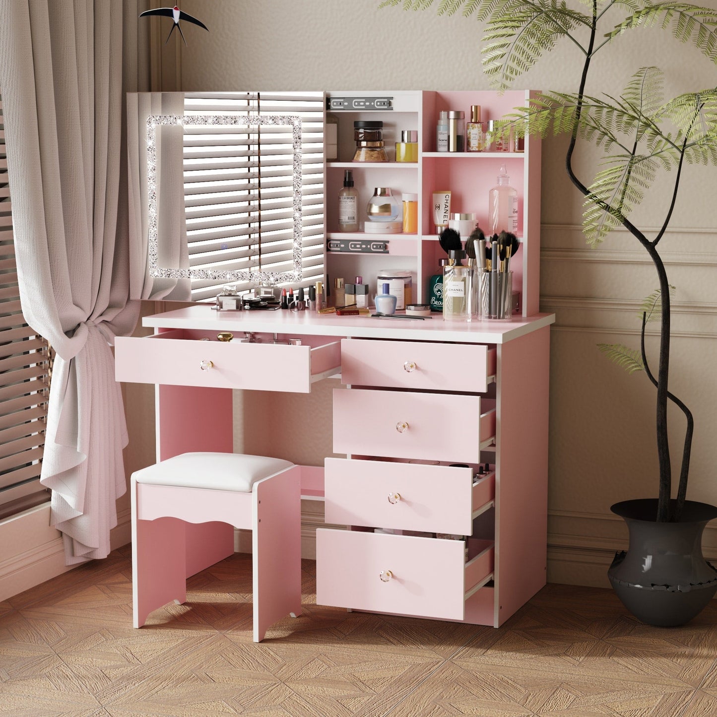 Ensemble de coiffeuse de maquillage de 99,5 cm de large avec tabouret et miroir