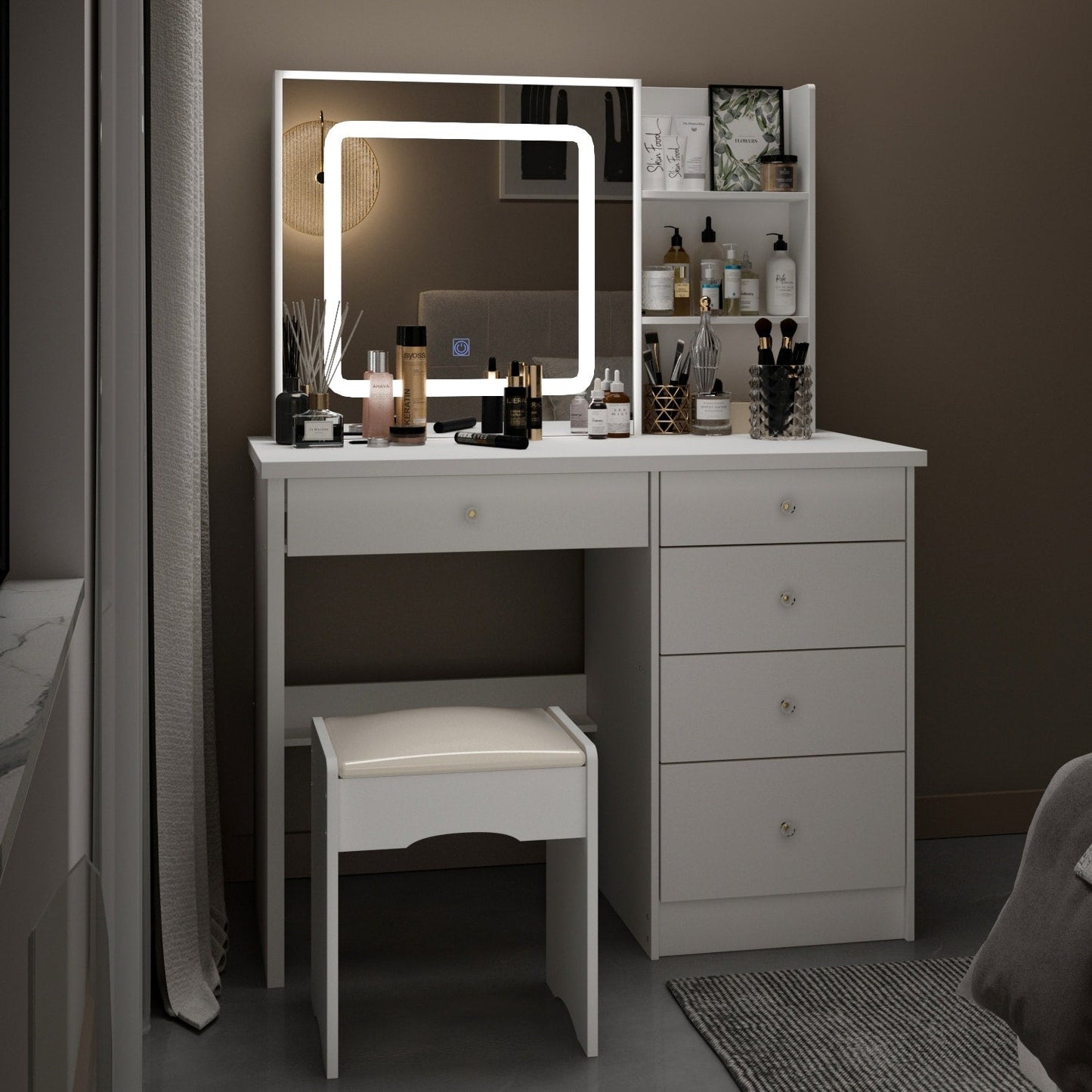 Ensemble coiffeuse et miroir de maquillage de 99,5 cm de large avec tabouret et miroir pour chambre à coucher