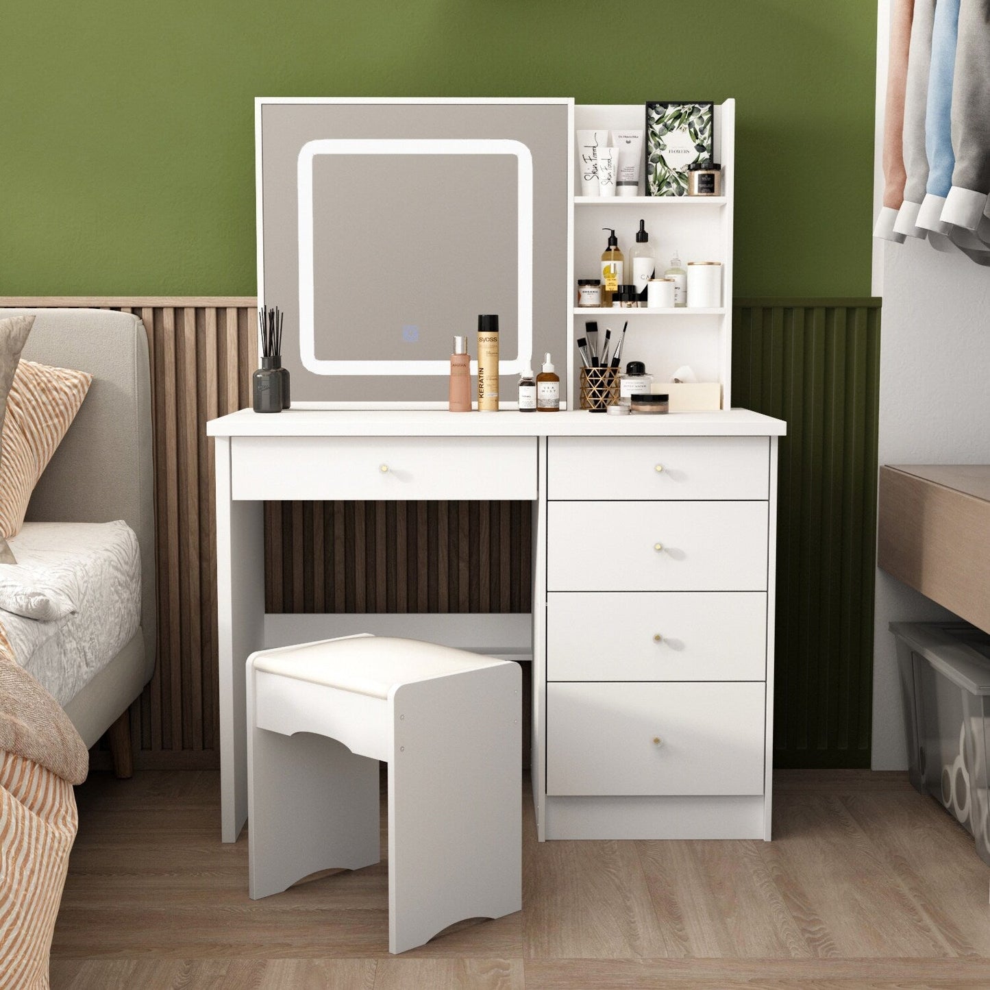 Ensemble coiffeuse et miroir de maquillage de 99,5 cm de large avec tabouret et miroir pour chambre à coucher