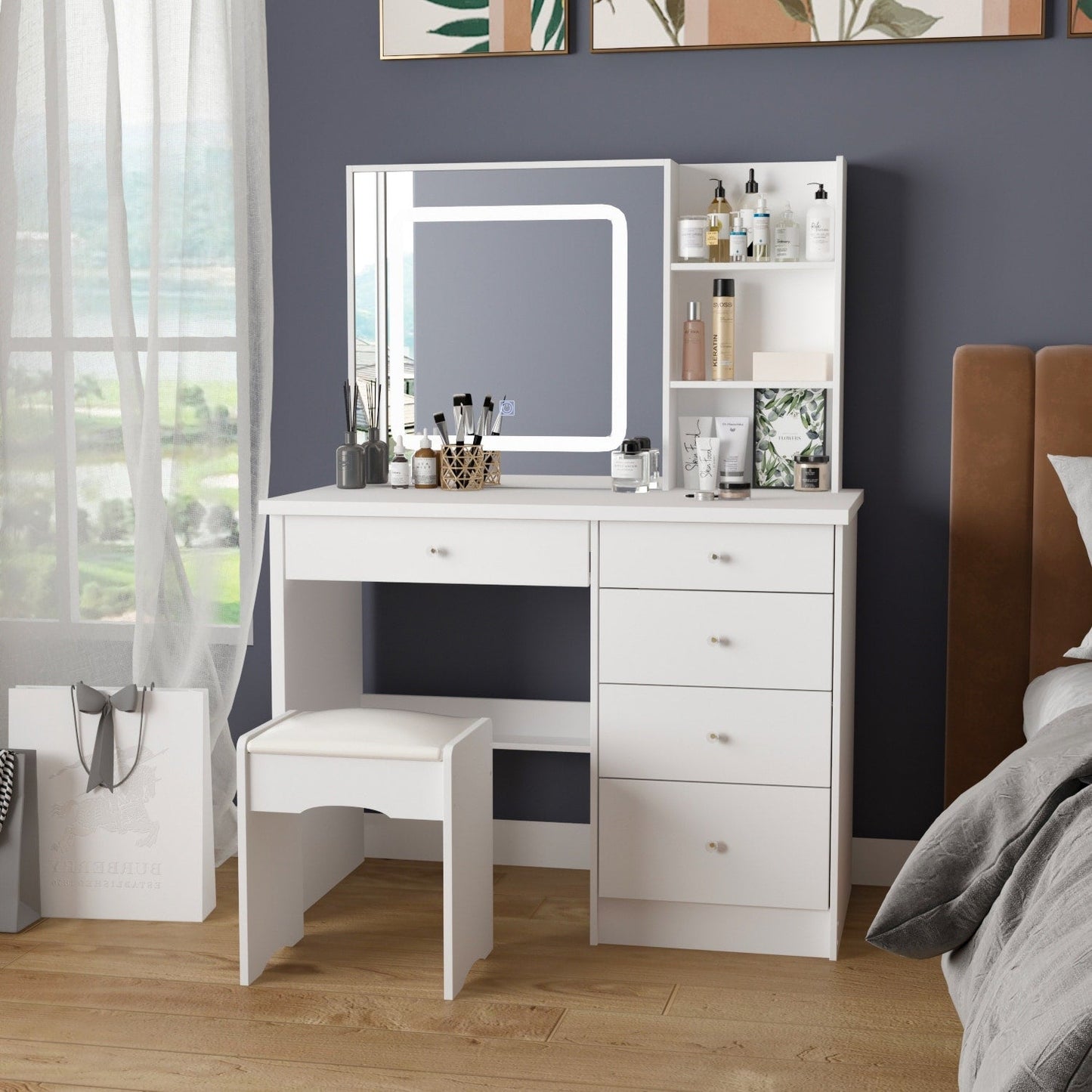 Ensemble coiffeuse et miroir de maquillage de 99,5 cm de large avec tabouret et miroir pour chambre à coucher