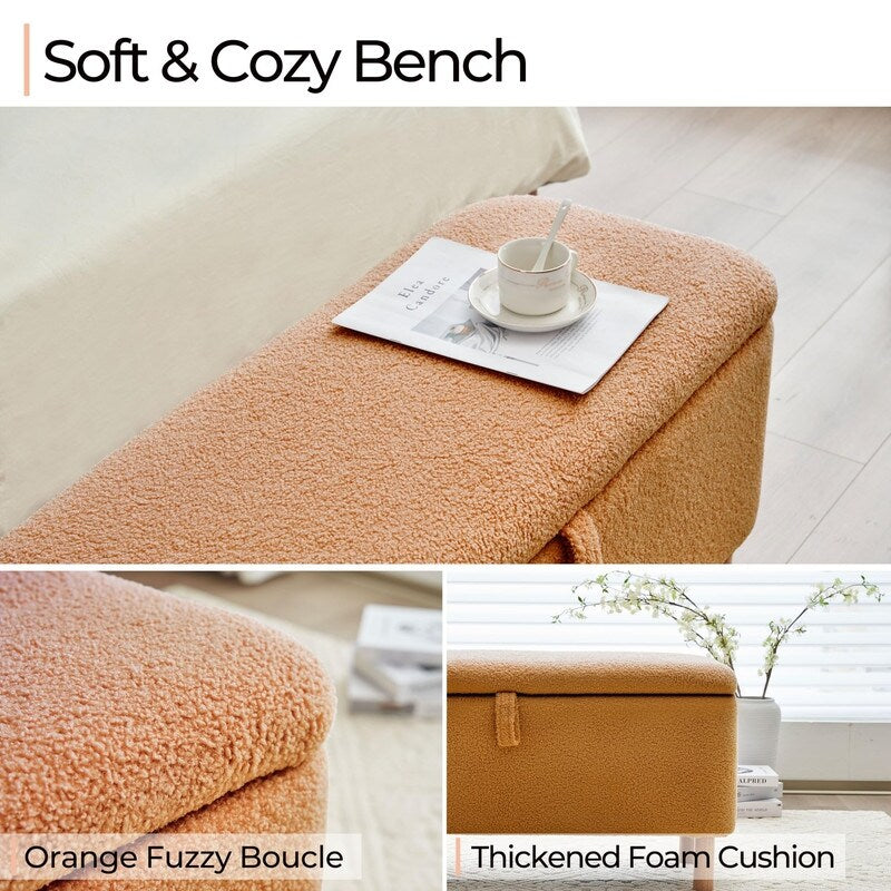 Banquette de rangement en bouclé blanc cassé Sherpa, 39,5 pouces, pouf de rangement, repose-pieds, pour salon, chambre à coucher, avec pieds en bois.
