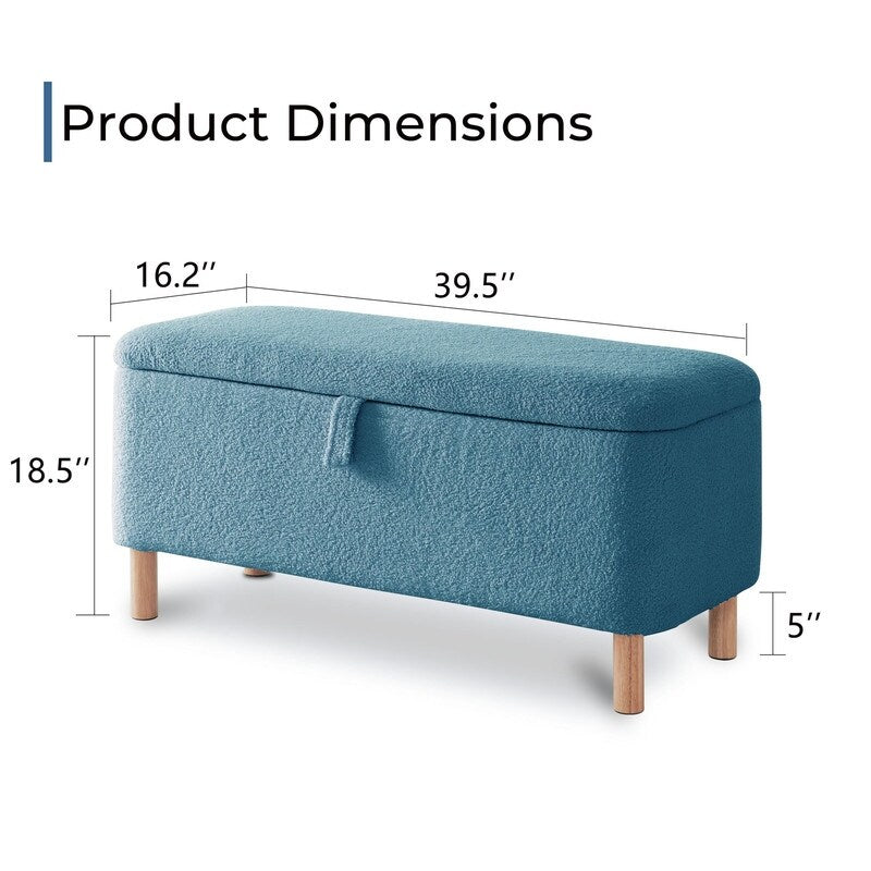 Banquette de rangement en bouclé blanc cassé Sherpa, 39,5 pouces, pouf de rangement, repose-pieds, pour salon, chambre à coucher, avec pieds en bois.