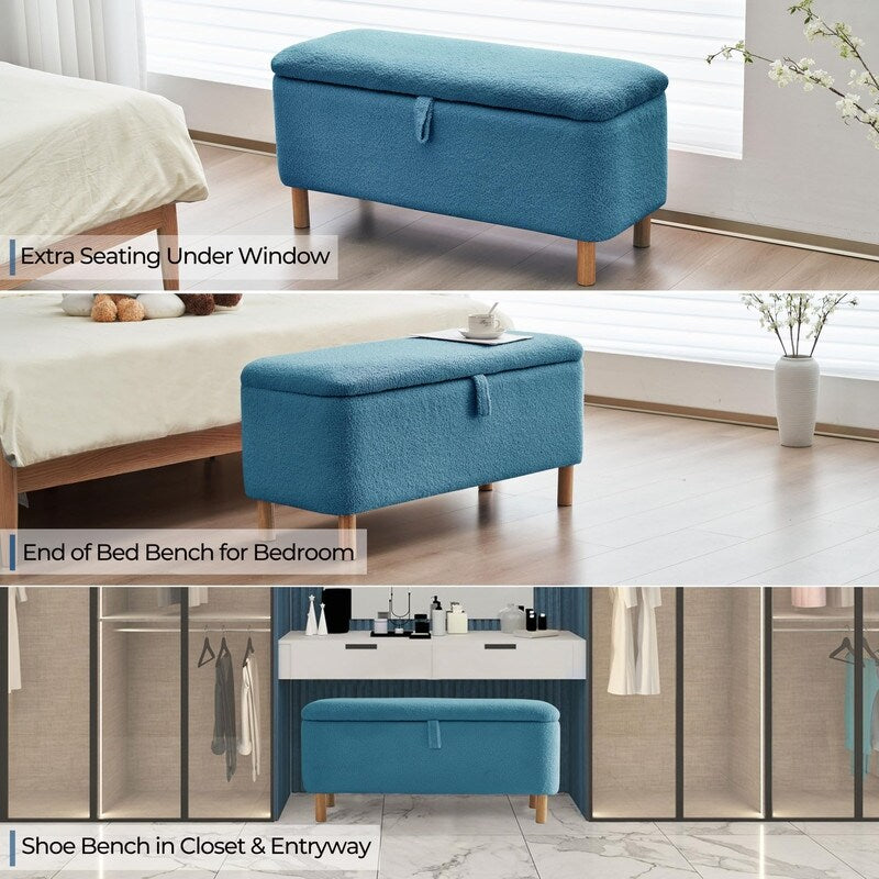 Banquette de rangement en bouclé blanc cassé Sherpa, 39,5 pouces, pouf de rangement, repose-pieds, pour salon, chambre à coucher, avec pieds en bois.
