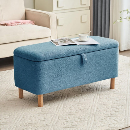 Banquette de rangement en bouclé blanc cassé Sherpa, 39,5 pouces, pouf de rangement, repose-pieds, pour salon, chambre à coucher, avec pieds en bois.