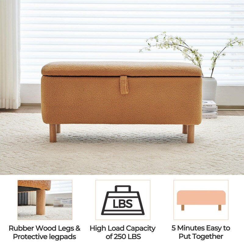 Banquette de rangement en bouclé blanc cassé Sherpa, 39,5 pouces, pouf de rangement, repose-pieds, pour salon, chambre à coucher, avec pieds en bois.