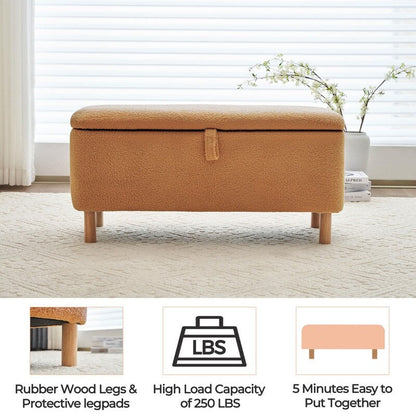 Banquette de rangement en bouclé blanc cassé Sherpa, 39,5 pouces, pouf de rangement, repose-pieds, pour salon, chambre à coucher, avec pieds en bois.