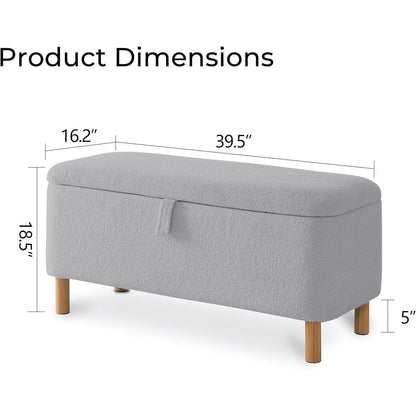 Banquette de rangement en bouclé blanc cassé Sherpa, 39,5 pouces, pouf de rangement, repose-pieds, pour salon, chambre à coucher, avec pieds en bois.