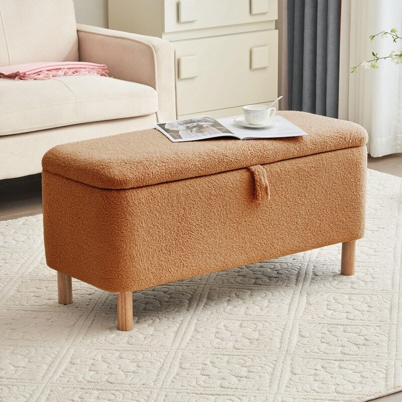 Banquette de rangement en bouclé blanc cassé Sherpa, 39,5 pouces, pouf de rangement, repose-pieds, pour salon, chambre à coucher, avec pieds en bois.