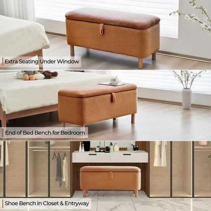 Banquette de rangement en bouclé blanc cassé Sherpa, 39,5 pouces, pouf de rangement, repose-pieds, pour salon, chambre à coucher, avec pieds en bois.