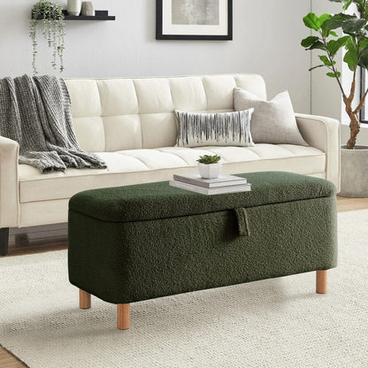 Banquette de rangement en bouclé blanc cassé Sherpa, 39,5 pouces, pouf de rangement, repose-pieds, pour salon, chambre à coucher, avec pieds en bois.