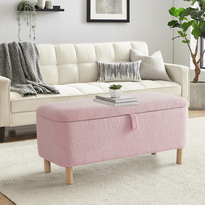 Banquette de rangement en bouclé blanc cassé Sherpa, 39,5 pouces, pouf de rangement, repose-pieds, pour salon, chambre à coucher, avec pieds en bois.