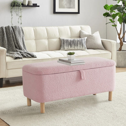 Banquette de rangement en bouclé blanc cassé Sherpa, 39,5 pouces, pouf de rangement, repose-pieds, pour salon, chambre à coucher, avec pieds en bois.
