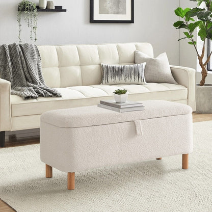 Banquette de rangement en bouclé blanc cassé Sherpa, 39,5 pouces, pouf de rangement, repose-pieds, pour salon, chambre à coucher, avec pieds en bois.