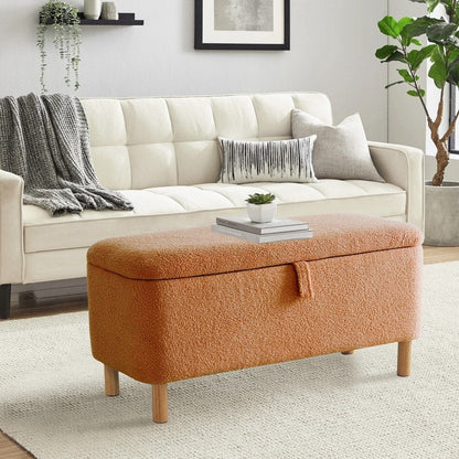 Banquette de rangement en bouclé blanc cassé Sherpa, 39,5 pouces, pouf de rangement, repose-pieds, pour salon, chambre à coucher, avec pieds en bois.