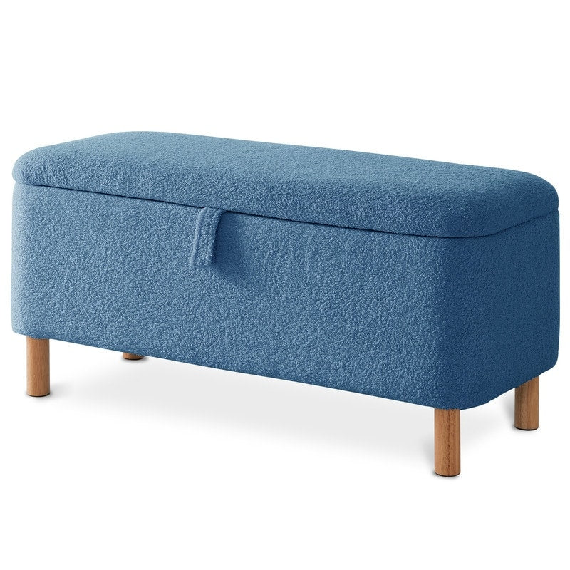 Banquette de rangement en bouclé blanc cassé Sherpa, 39,5 pouces, pouf de rangement, repose-pieds, pour salon, chambre à coucher, avec pieds en bois.