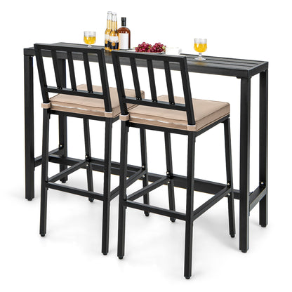 Ensemble de table et chaises de bar de patio 3 pièces en métal avec coussins