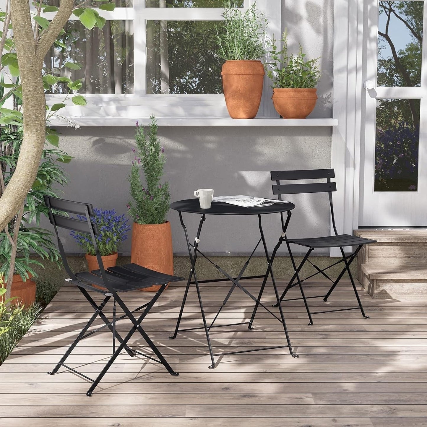 Ensemble de bistro pliable en métal 3 pièces, ensemble de conversation résistant aux intempéries pour l'intérieur et l'extérieur, pour patio, jardin, cour.