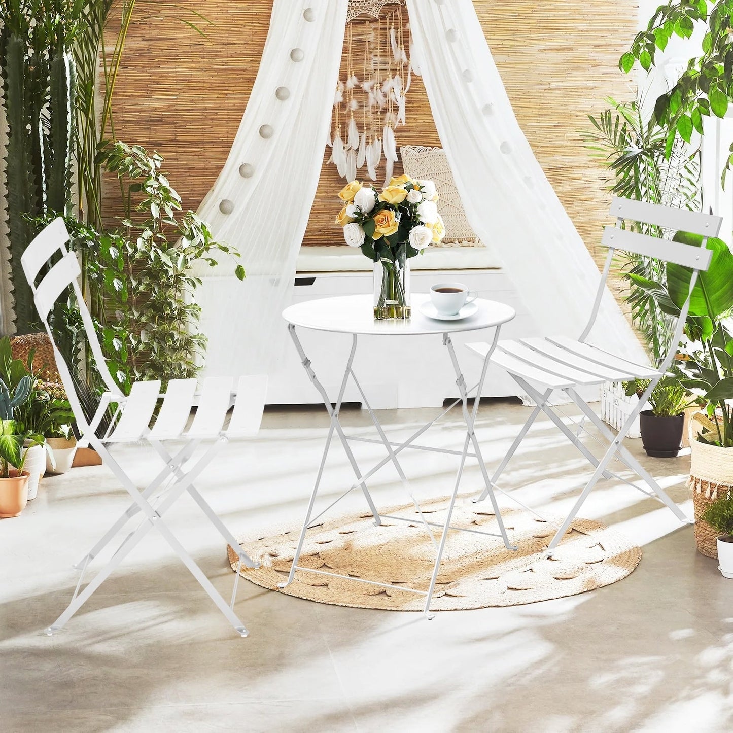 Ensemble de bistro pliable en métal 3 pièces, ensemble de conversation résistant aux intempéries pour l'intérieur et l'extérieur, pour patio, jardin, cour.