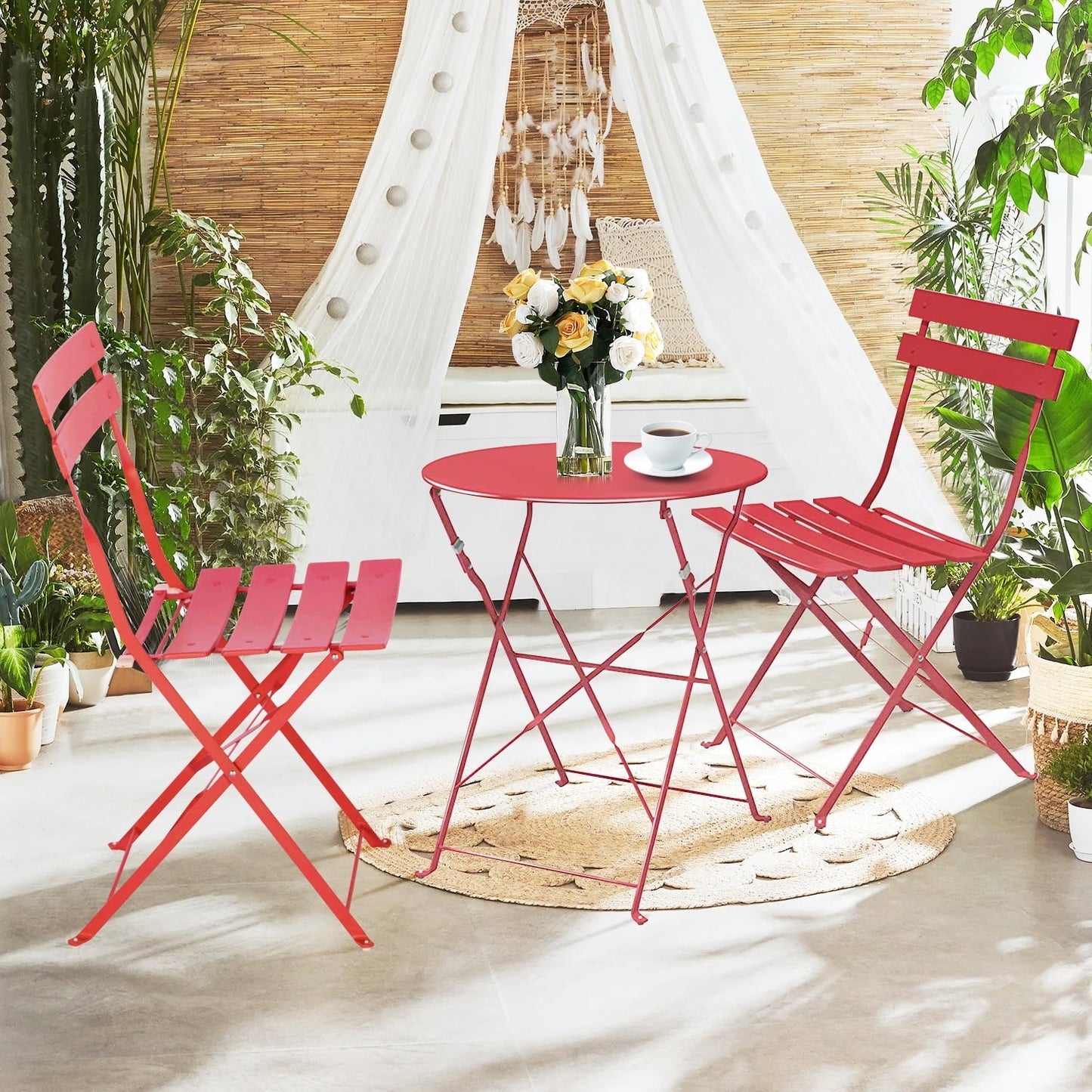 Ensemble de bistro pliable en métal 3 pièces, ensemble de conversation résistant aux intempéries pour l'intérieur et l'extérieur, pour patio, jardin, cour.