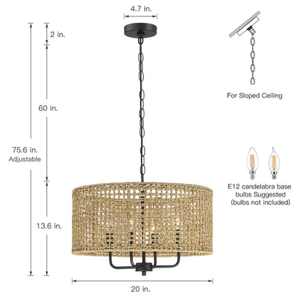 Luminaire suspendu bohémien en forme de tambour tissé à la main, 4 lumières - Paille - 50,8 cm de largeur