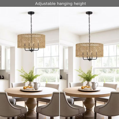 Luminaire suspendu bohémien en forme de tambour tissé à la main, 4 lumières - Paille - 50,8 cm de largeur