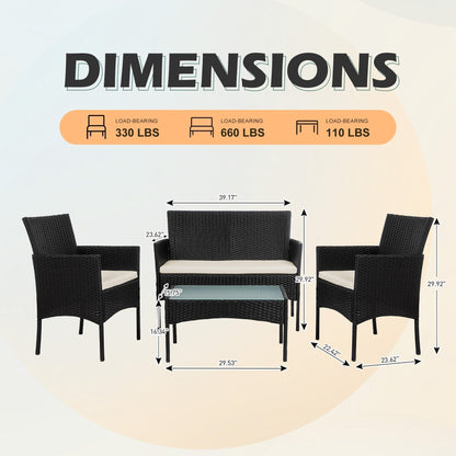 Ensemble de meubles en osier pour patio, 4 pièces, ensemble de meubles d'extérieur en rotin avec coussins