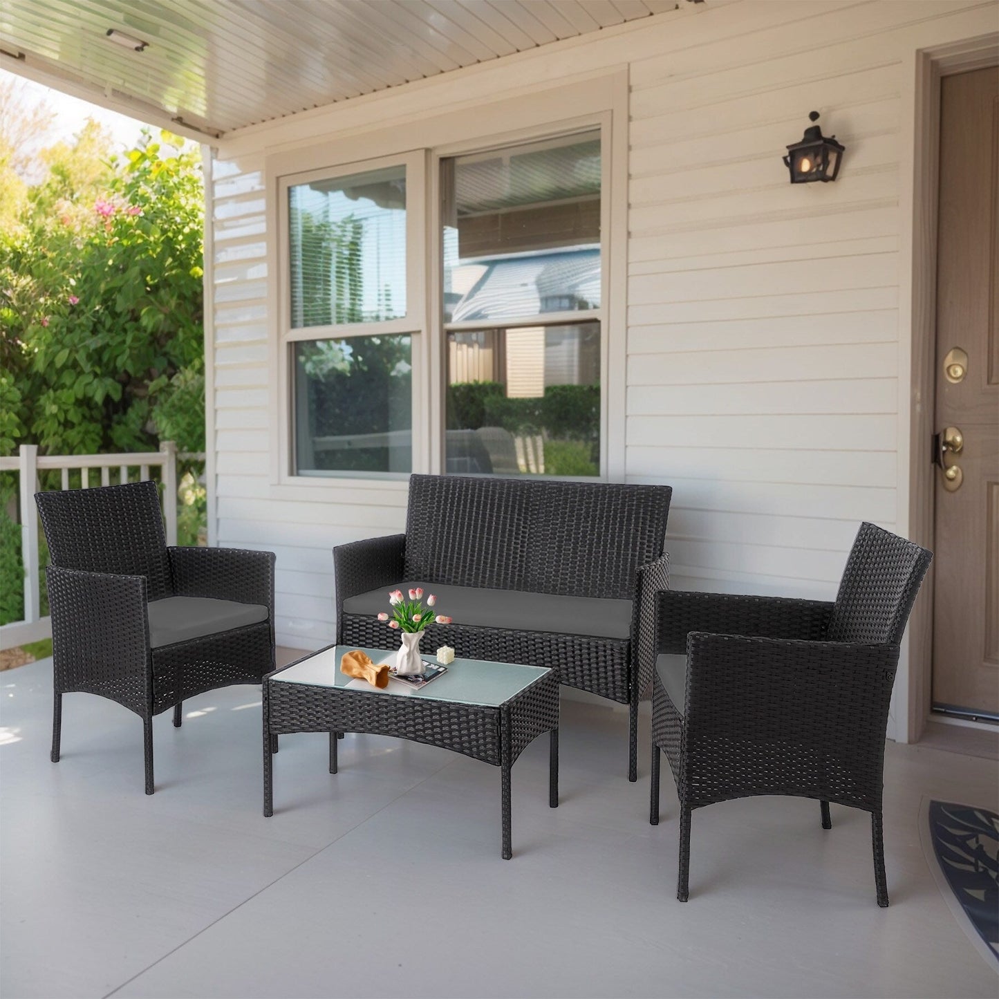 Ensemble de meubles en osier pour patio, 4 pièces, ensemble de meubles d'extérieur en rotin avec coussins