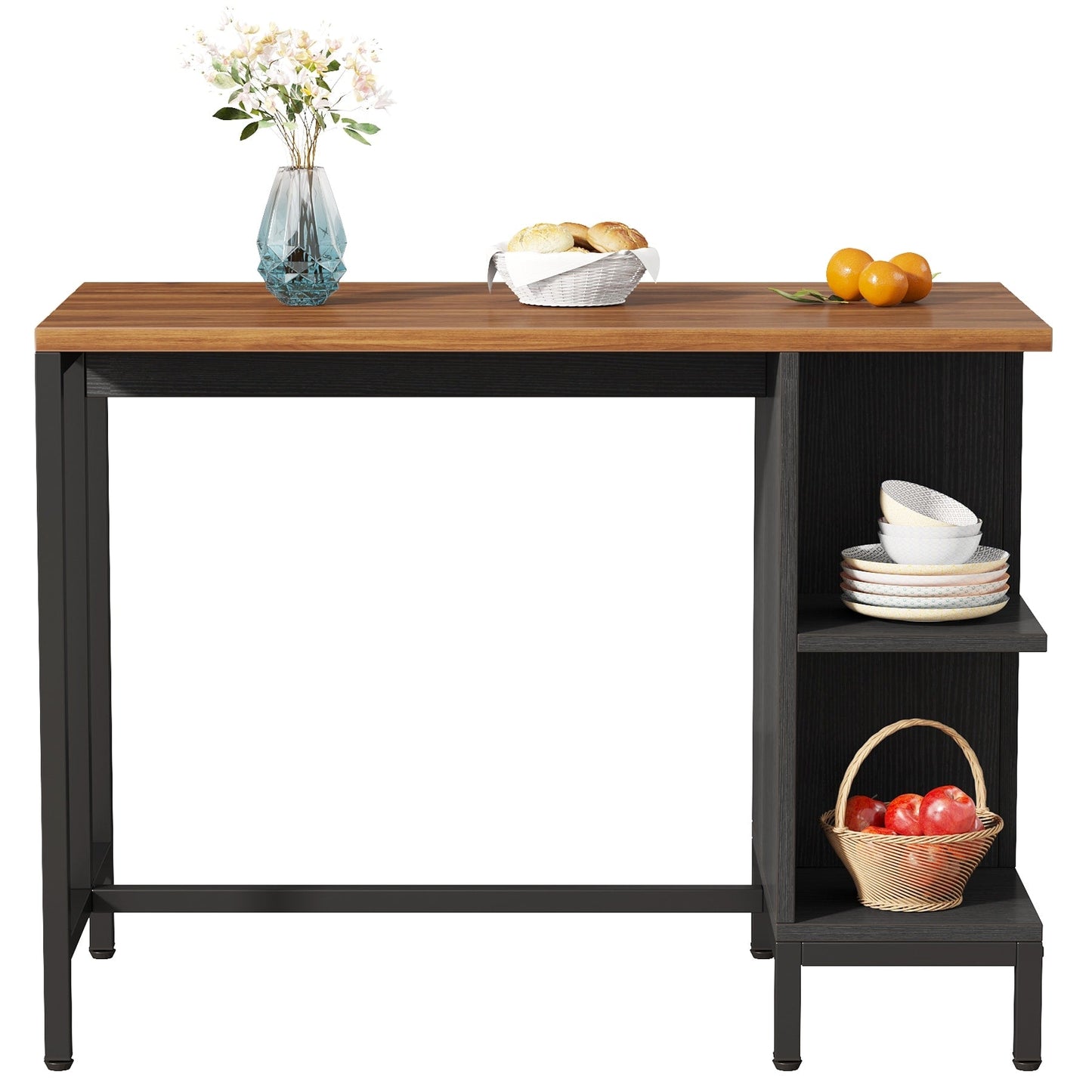 Îlot de cuisine de 43 pouces de large, table de cuisine avec 5 étagères ouvertes.