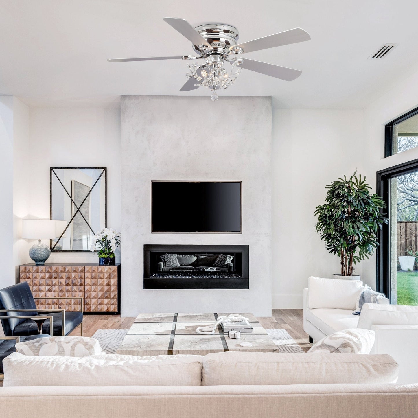 Ventilateur de plafond moderne à 5 pales réversibles, à montage encastré, avec télécommande, 48 pouces, avec cristaux.