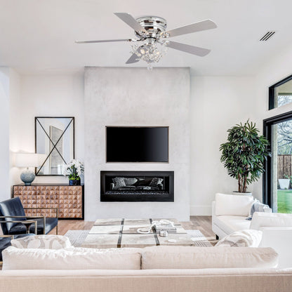 Ventilateur de plafond moderne à 5 pales réversibles, à montage encastré, avec télécommande, 48 pouces, avec cristaux.