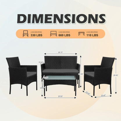 Ensemble de meubles en osier pour patio, 4 pièces, ensemble de meubles d'extérieur en rotin avec coussins