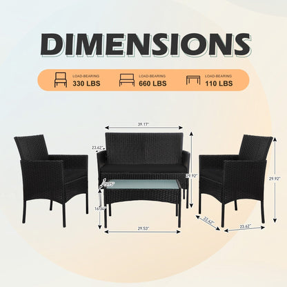 Ensemble de meubles en osier pour patio, 4 pièces, ensemble de meubles d'extérieur en rotin avec coussins