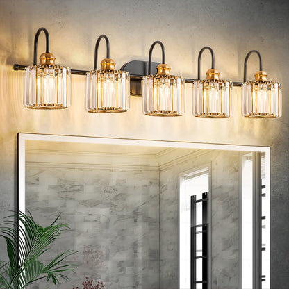 Ensemble de 5 luminaires linéaires à intensité variable pour salle de bain, style glamour, avec abat-jour en cristal cylindrique.