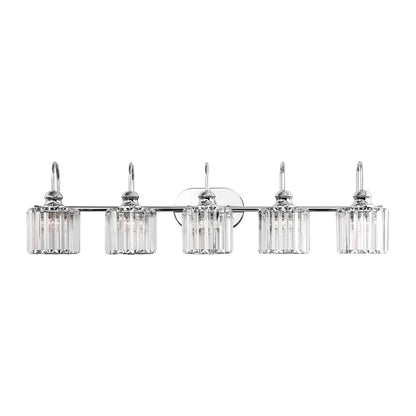 Ensemble de 5 luminaires linéaires à intensité variable pour salle de bain, style glamour, avec abat-jour en cristal cylindrique.