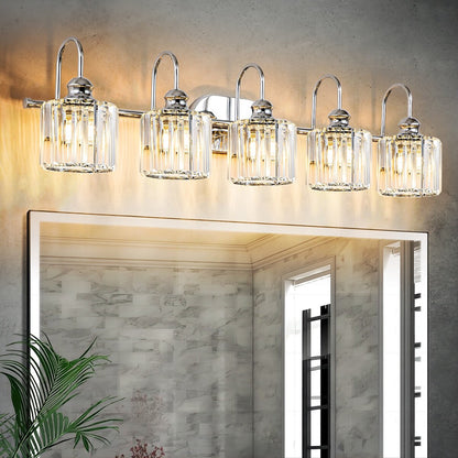 Ensemble de 5 luminaires linéaires à intensité variable pour salle de bain, style glamour, avec abat-jour en cristal cylindrique.