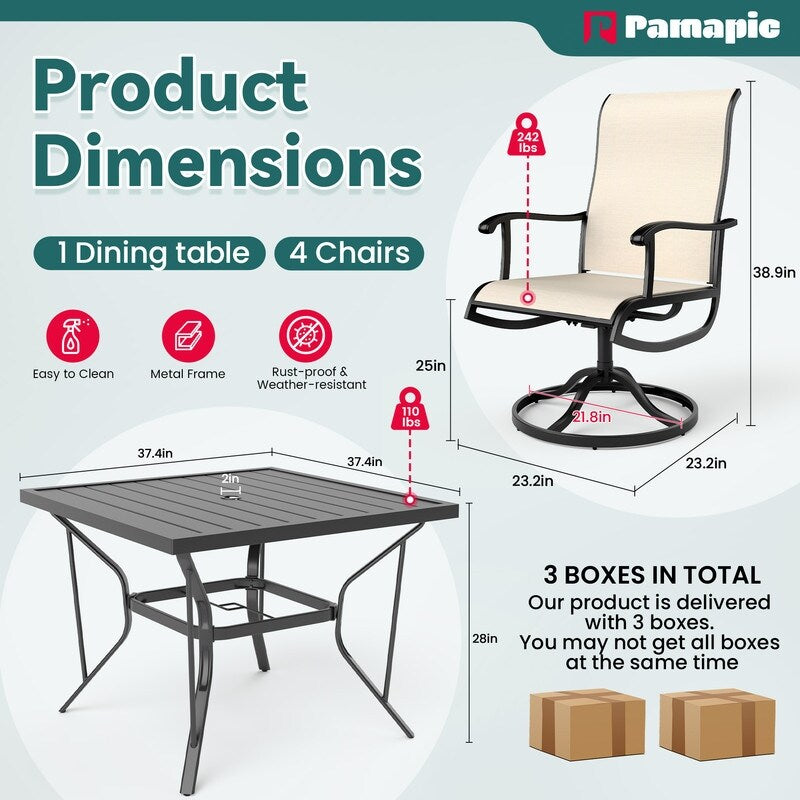 Ensemble de repas de jardin en métal 5 pièces avec table carrée et chaises pivotantes en Textilene