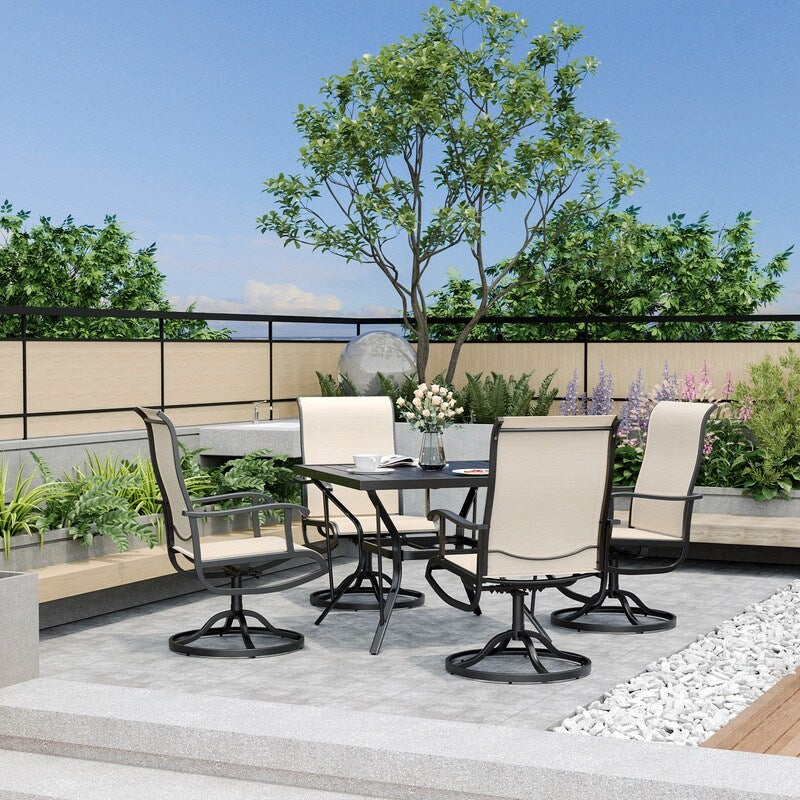 Ensemble de repas de jardin en métal 5 pièces avec table carrée et chaises pivotantes en Textilene