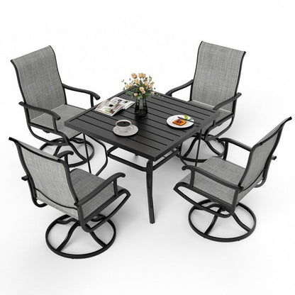 Ensemble de repas de jardin en métal 5 pièces avec table carrée et chaises pivotantes en Textilene